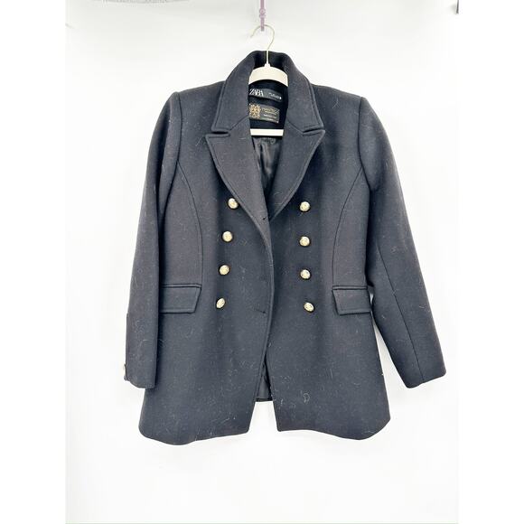 Zara Manteco Wool Double Breasted Coat in Black Gold Size L - Picture 2 of 6